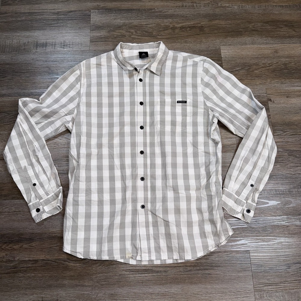 Oakley Shirt Mens Large Long Sleeve Gray White Plaid Regular Fit Button Up
